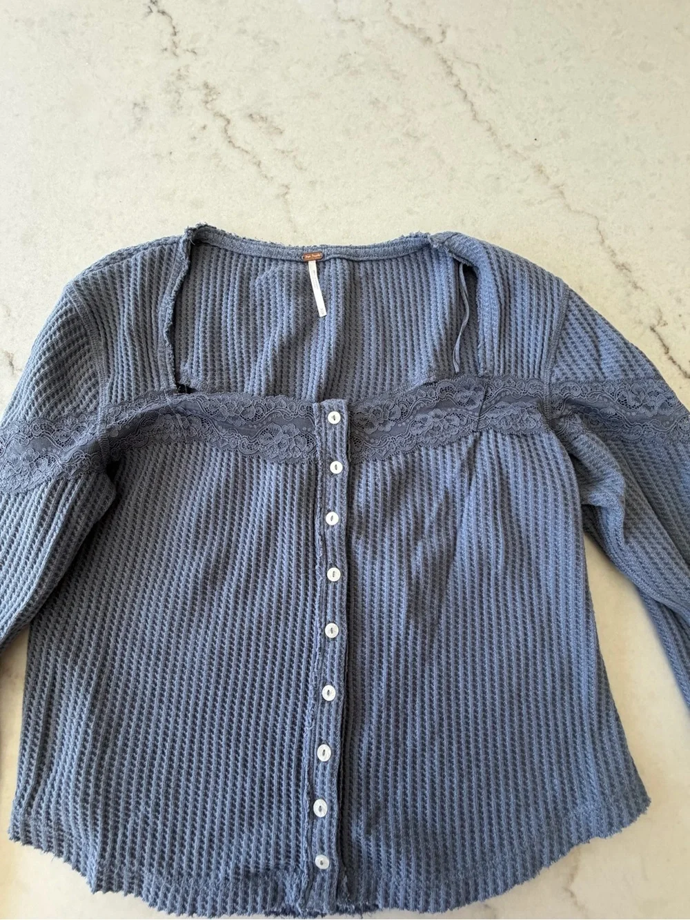 Free people waffle Knit Lace Trim Button-Up Top in Dusty Blue! M